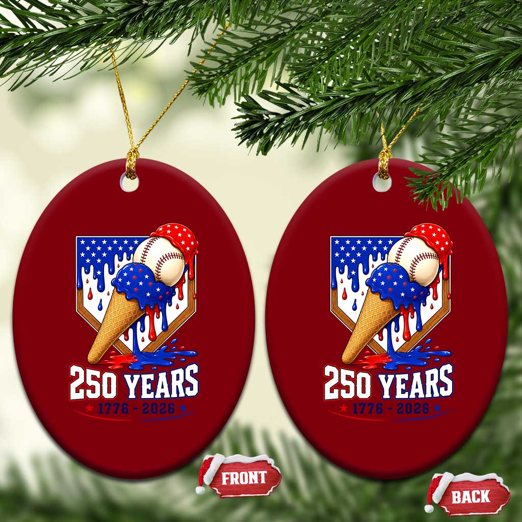 250 Years Baseball Ice Cream Drip 4th of July USA Flag Ceramic Ornament