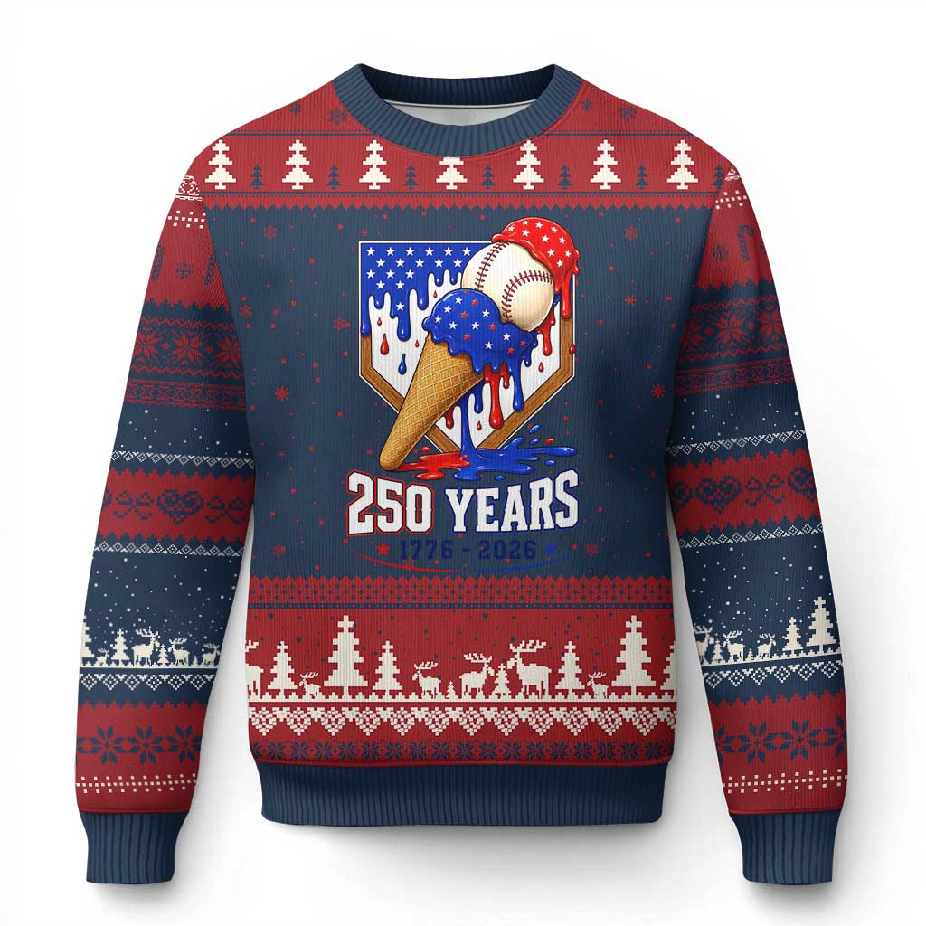250 Years Baseball Ice Cream Drip 4th of July USA Flag Ugly Christmas Sweater