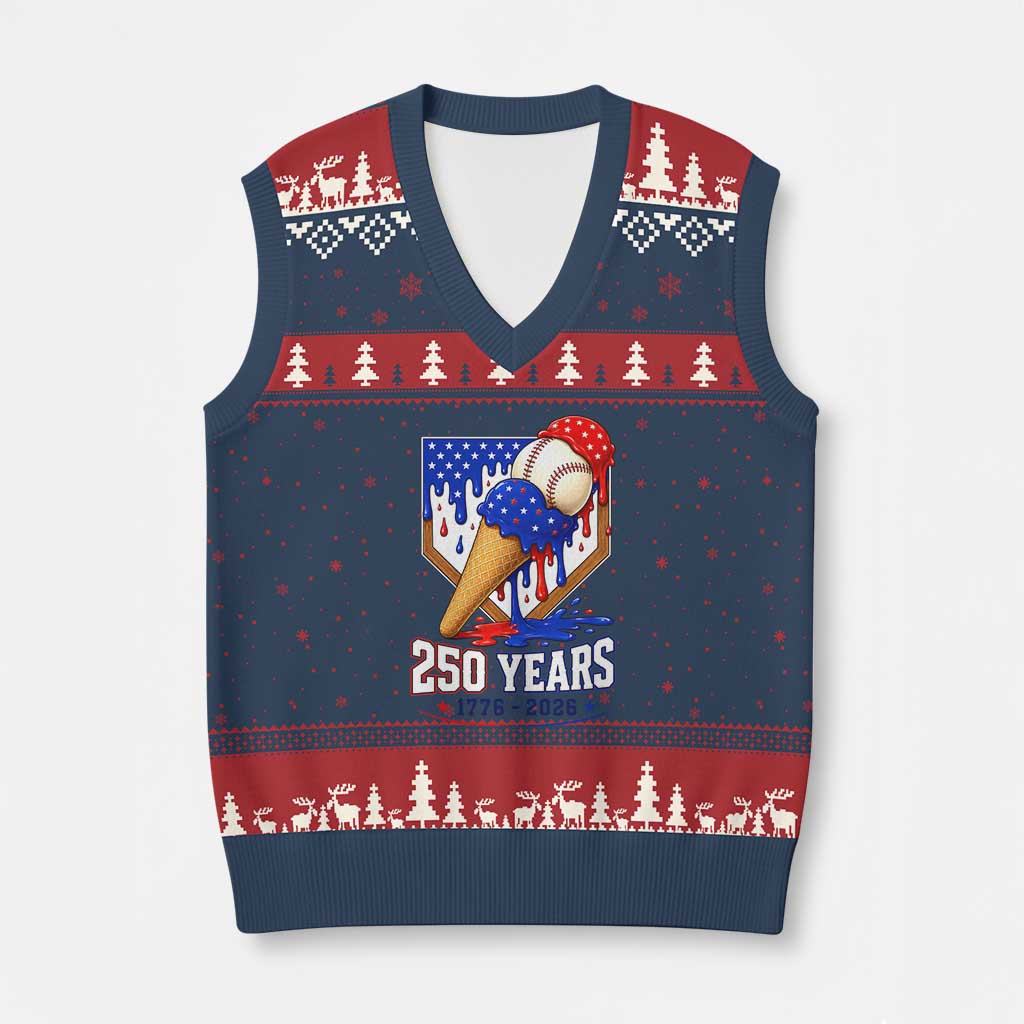 250 Years Baseball Ice Cream Drip 4th of July USA Flag V-Neck Knit Sweater Vest