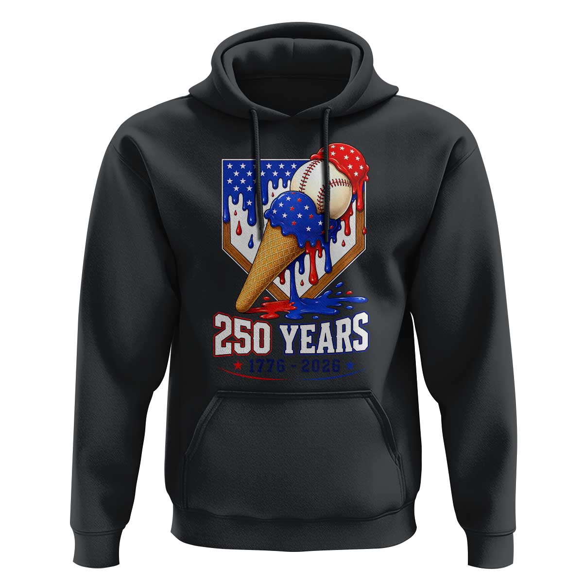 250 Years Baseball Ice Cream Drip 4th of July USA Flag Hoodie