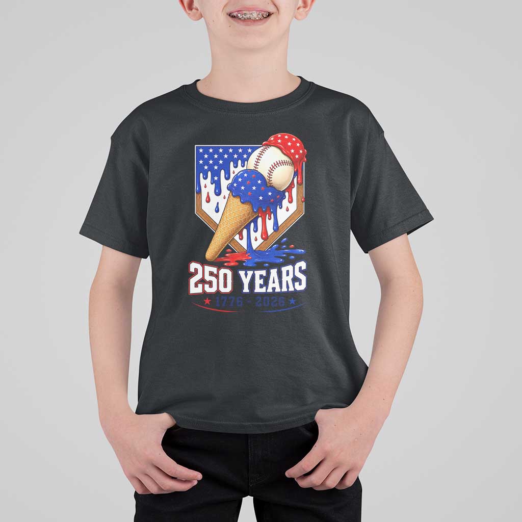 250 Years Baseball Ice Cream Drip 4th of July USA Flag T Shirt For Kid