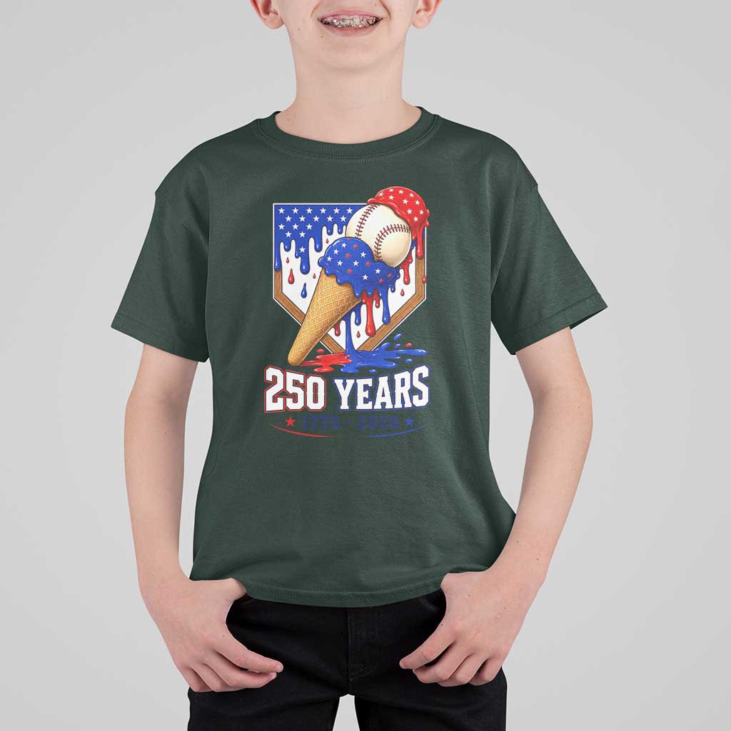 250 Years Baseball Ice Cream Drip 4th of July USA Flag T Shirt For Kid