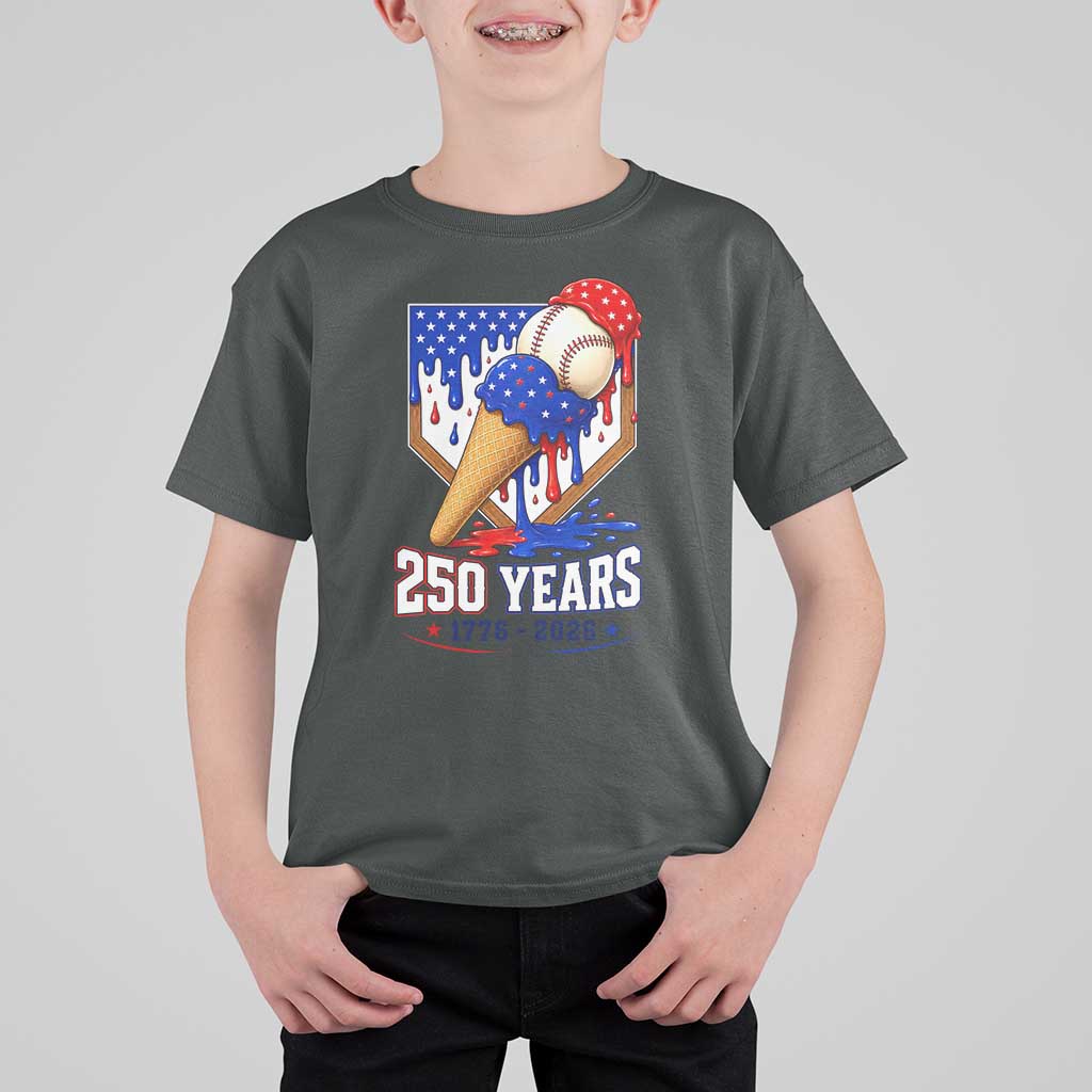 250 Years Baseball Ice Cream Drip 4th of July USA Flag T Shirt For Kid