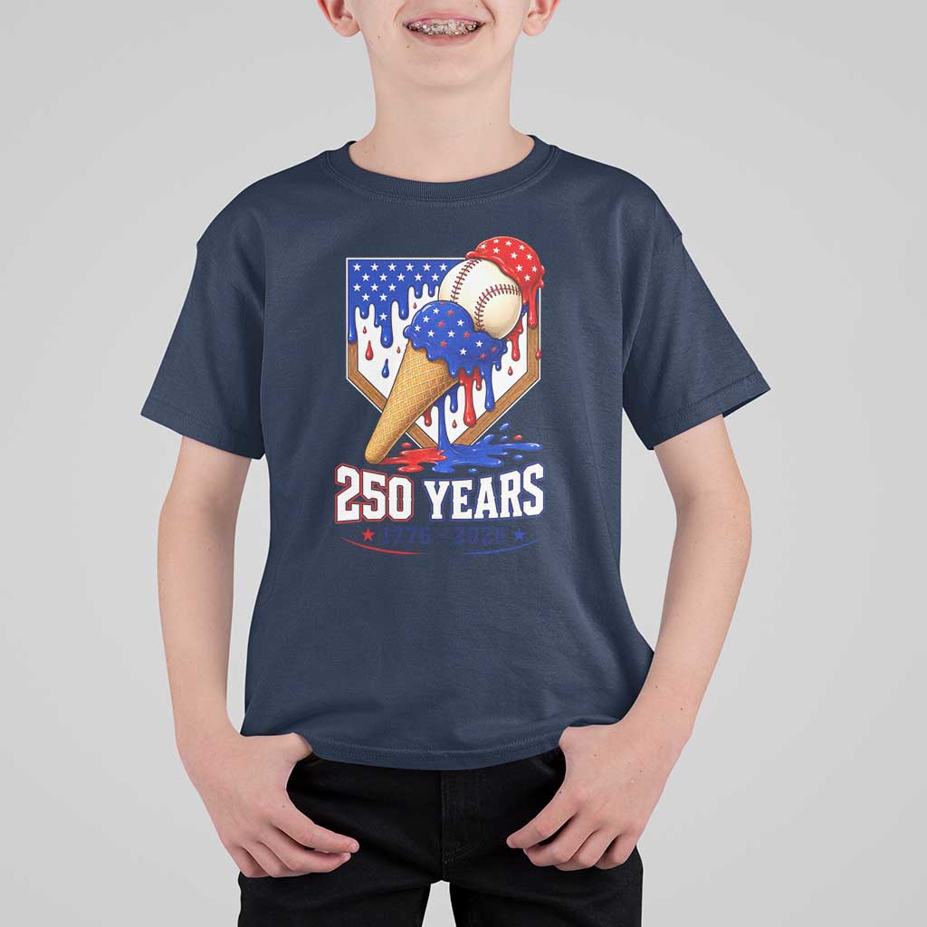 250 Years Baseball Ice Cream Drip 4th of July USA Flag T Shirt For Kid