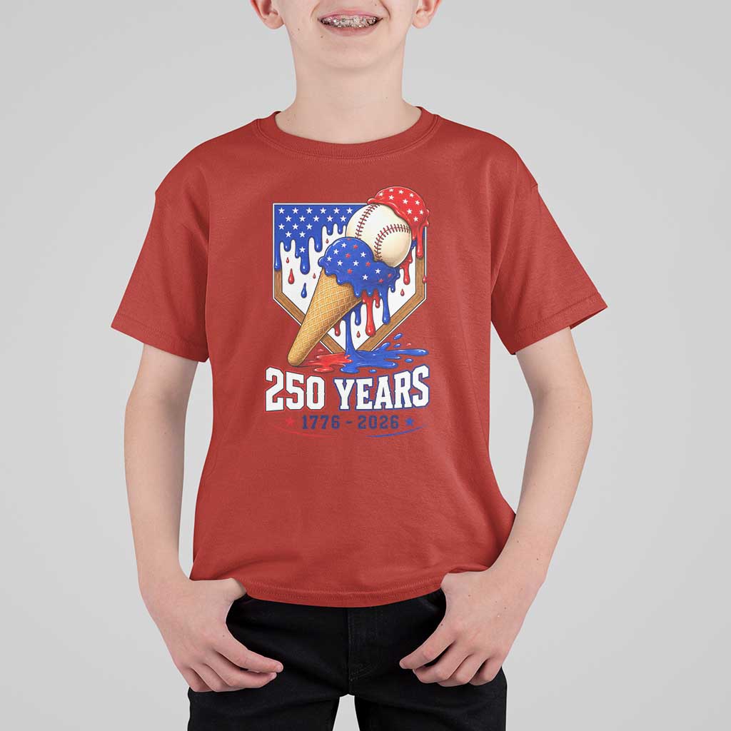 250 Years Baseball Ice Cream Drip 4th of July USA Flag T Shirt For Kid
