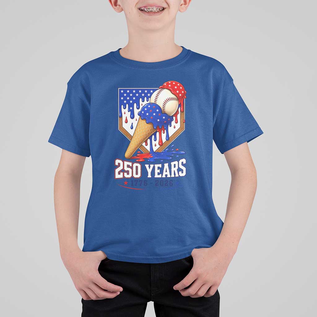 250 Years Baseball Ice Cream Drip 4th of July USA Flag T Shirt For Kid
