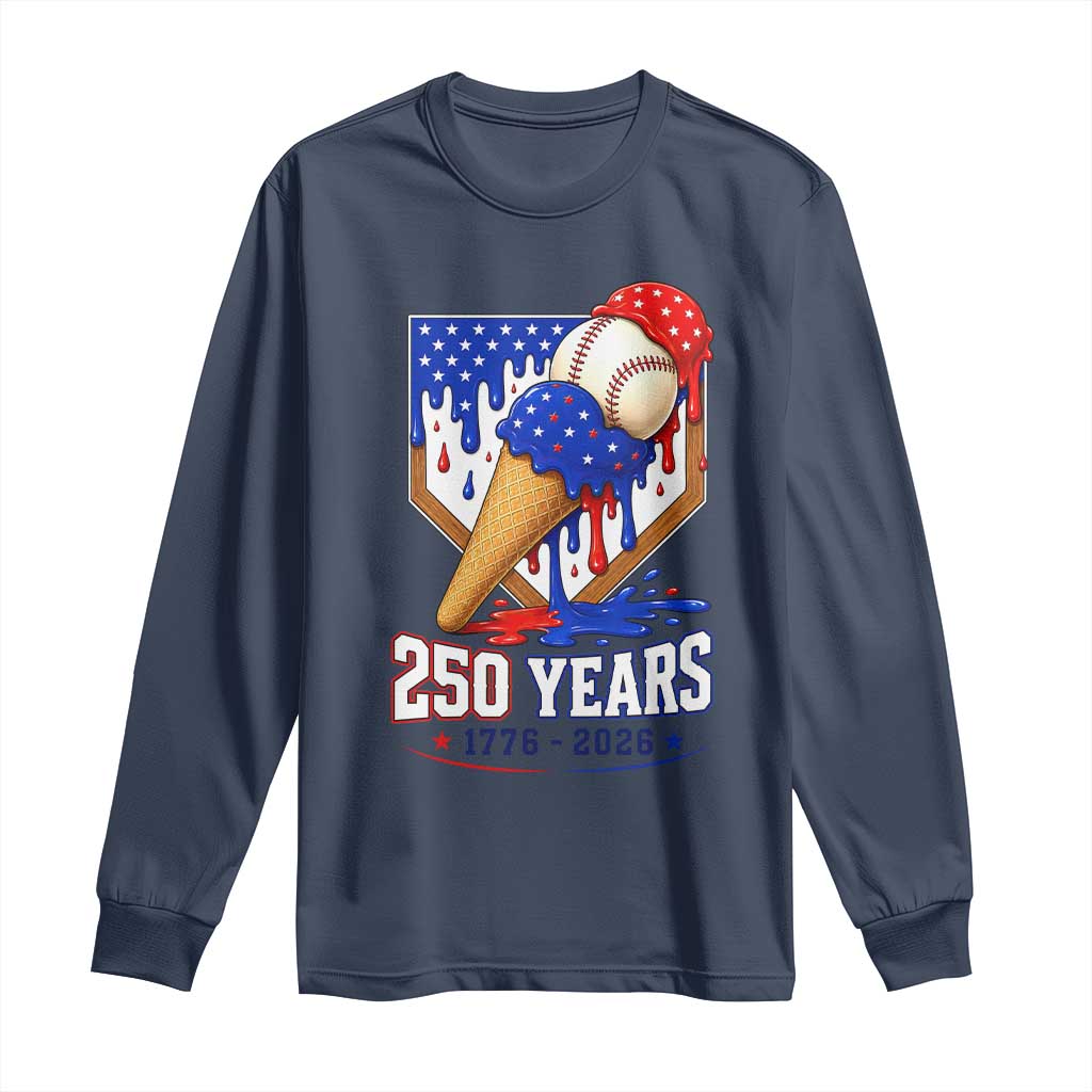 250 Years Baseball Ice Cream Drip 4th of July USA Flag Long Sleeve Shirt