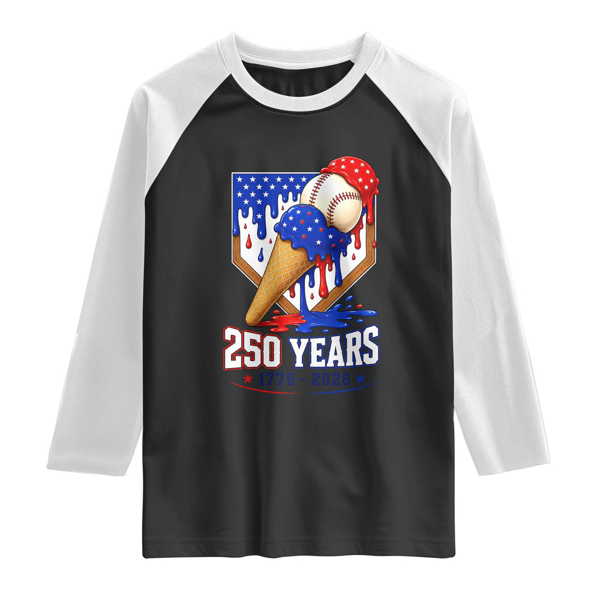 250 Years Baseball Ice Cream Drip 4th of July USA Flag Raglan Shirt