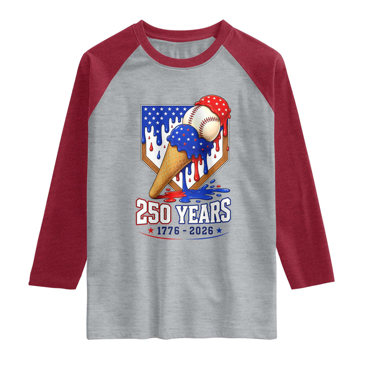 250 Years Baseball Ice Cream Drip 4th of July USA Flag Raglan Shirt