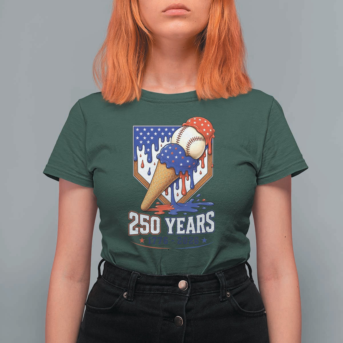 250 Years Baseball Ice Cream Drip 4th of July USA Flag T Shirt For Women