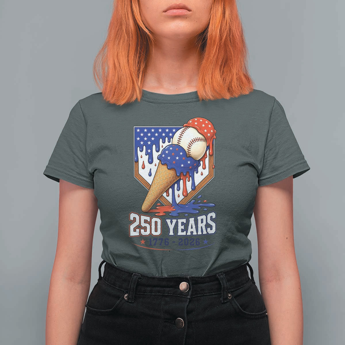 250 Years Baseball Ice Cream Drip 4th of July USA Flag T Shirt For Women