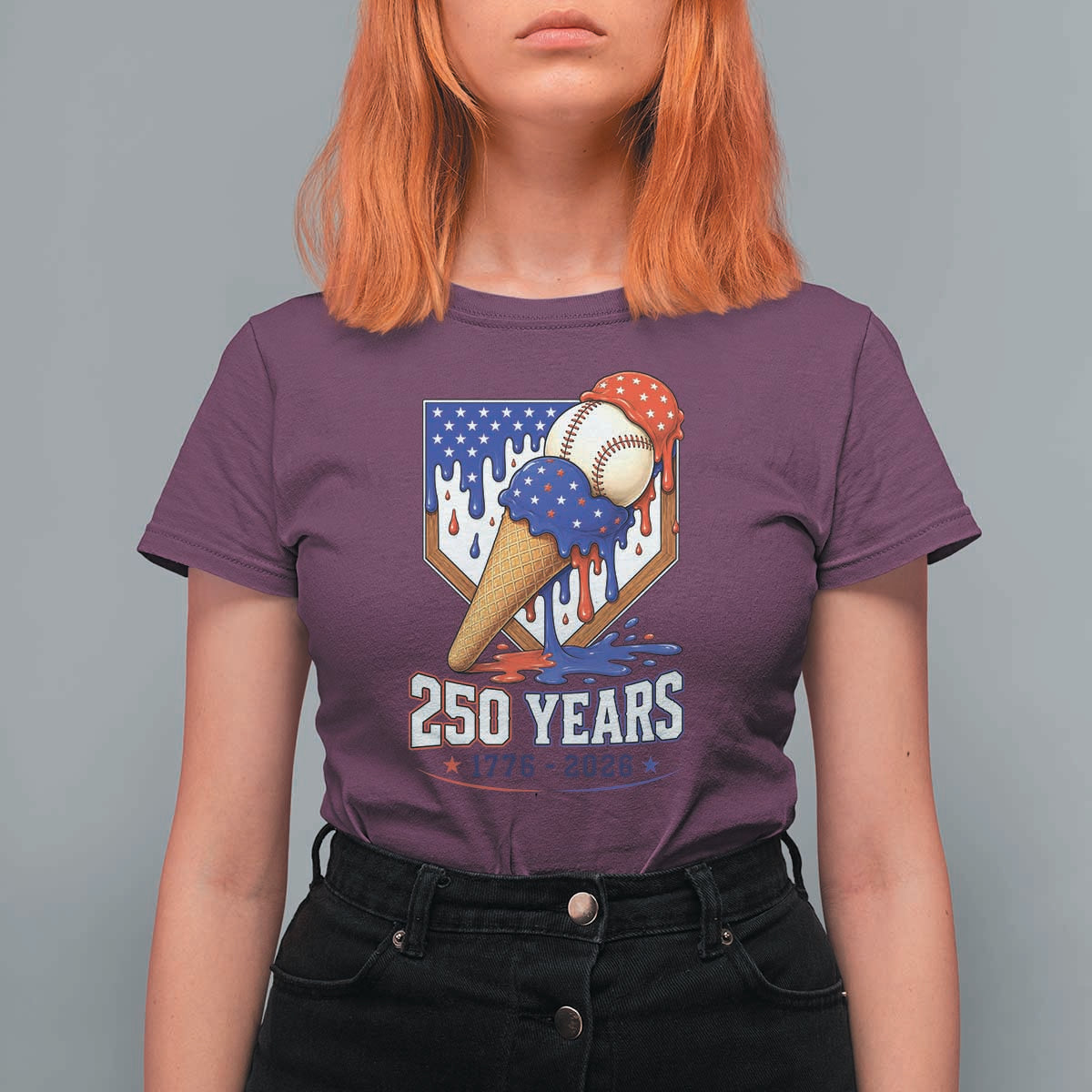 250 Years Baseball Ice Cream Drip 4th of July USA Flag T Shirt For Women
