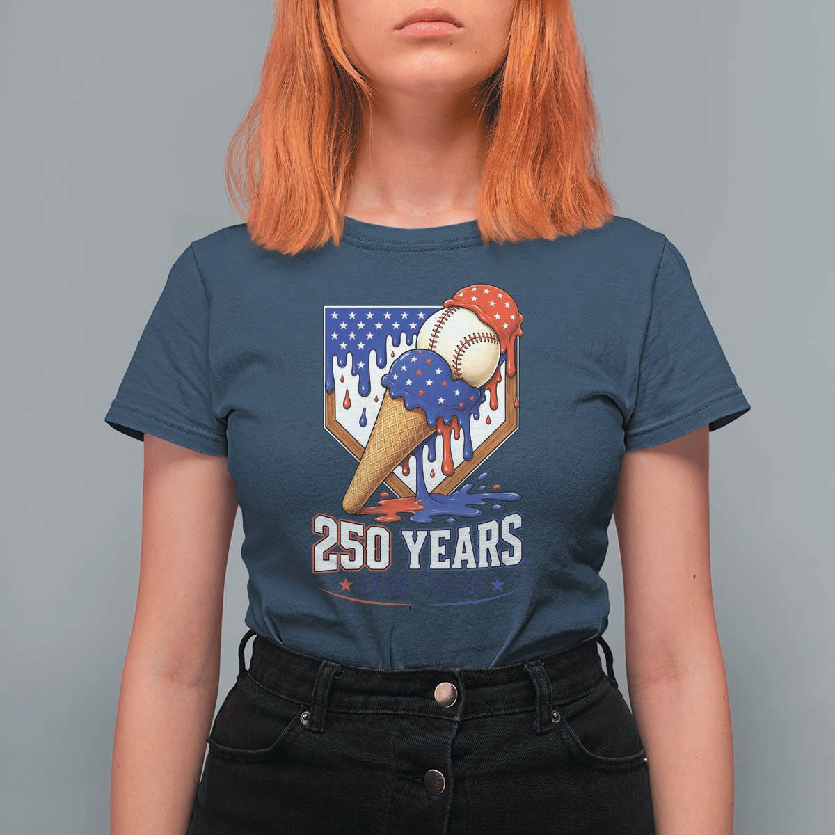 250 Years Baseball Ice Cream Drip 4th of July USA Flag T Shirt For Women