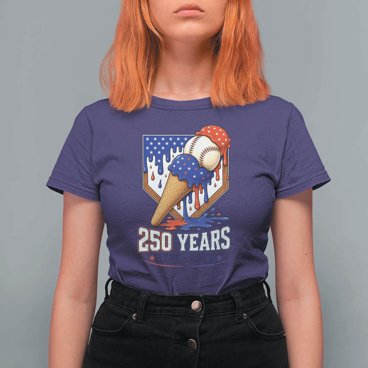 250 Years Baseball Ice Cream Drip 4th of July USA Flag T Shirt For Women