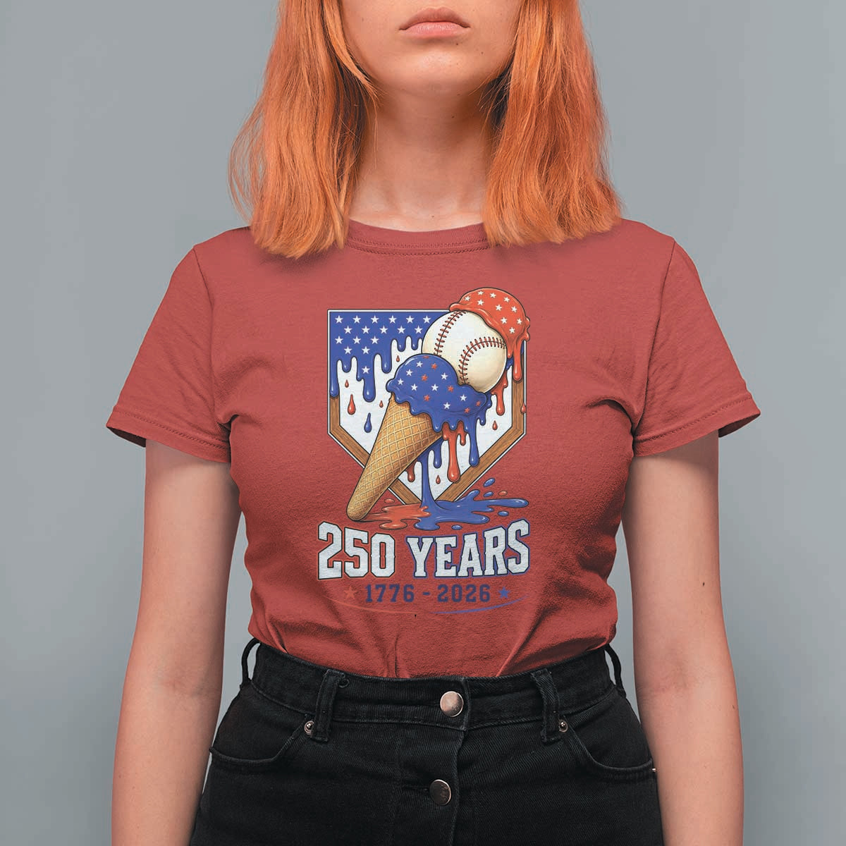 250 Years Baseball Ice Cream Drip 4th of July USA Flag T Shirt For Women
