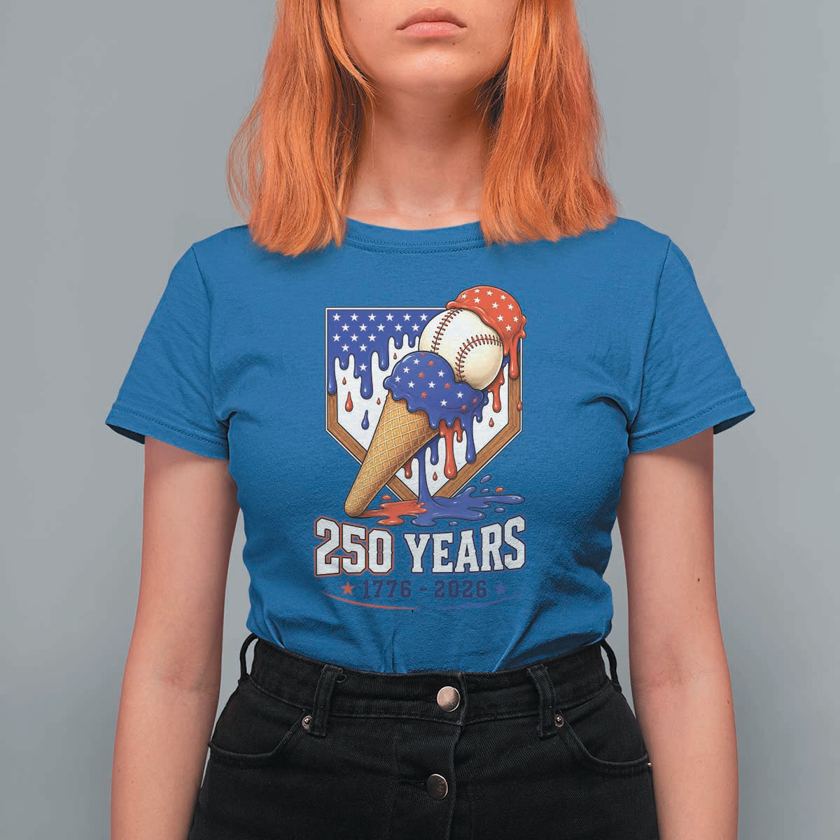 250 Years Baseball Ice Cream Drip 4th of July USA Flag T Shirt For Women