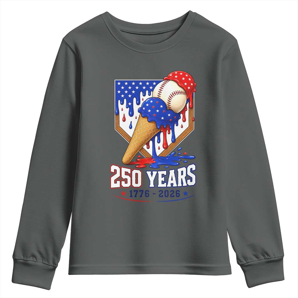 250 Years Baseball Ice Cream Drip 4th of July USA Flag Youth Sweatshirt