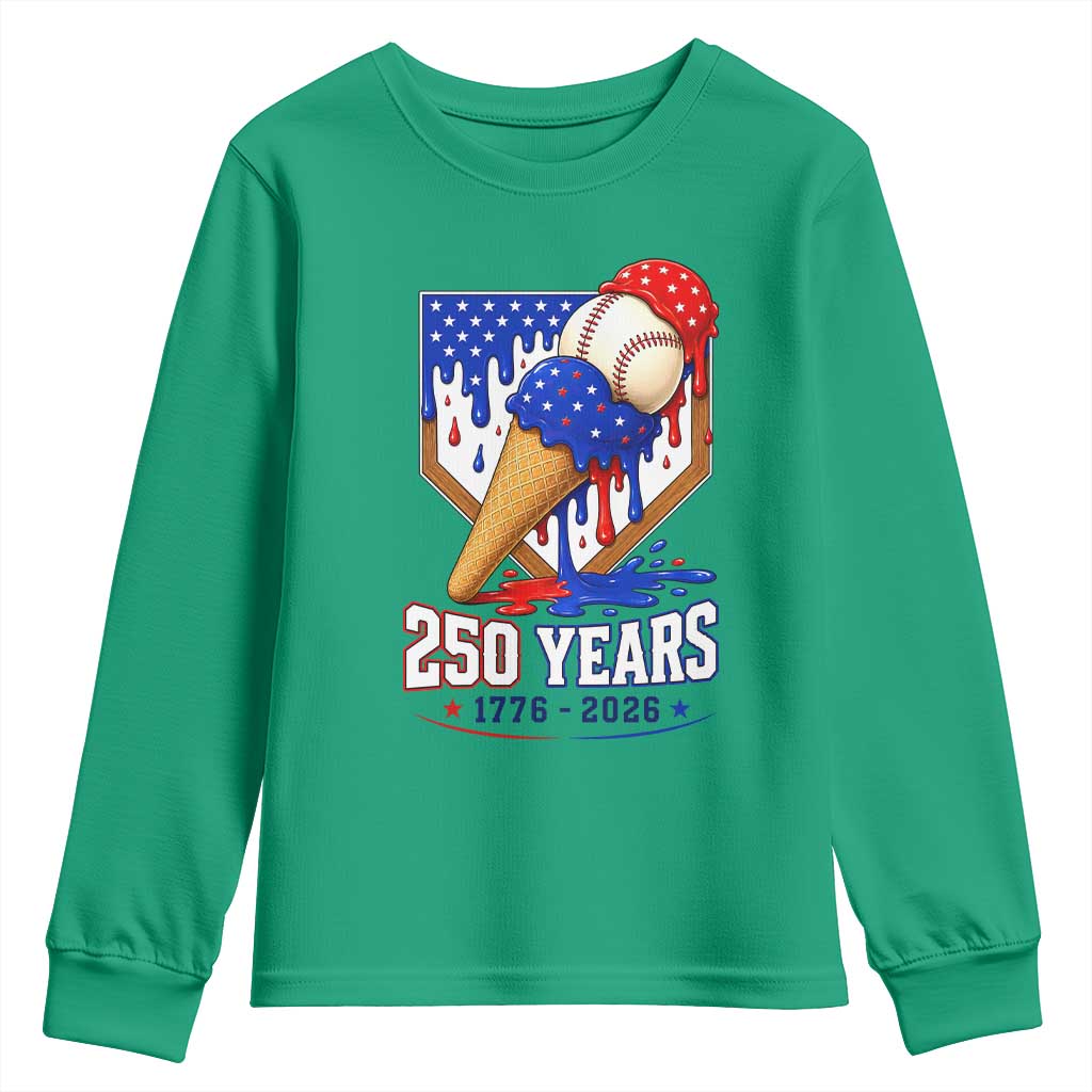 250 Years Baseball Ice Cream Drip 4th of July USA Flag Youth Sweatshirt