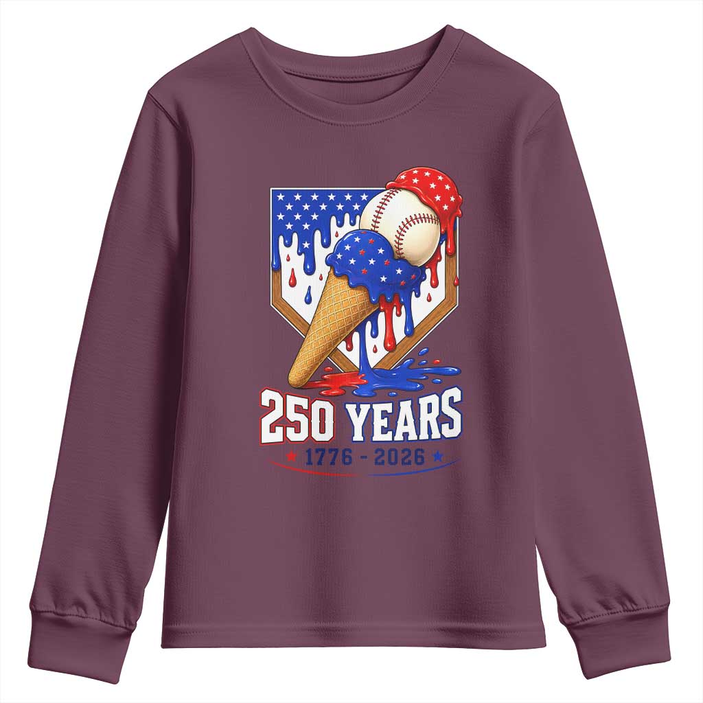 250 Years Baseball Ice Cream Drip 4th of July USA Flag Youth Sweatshirt