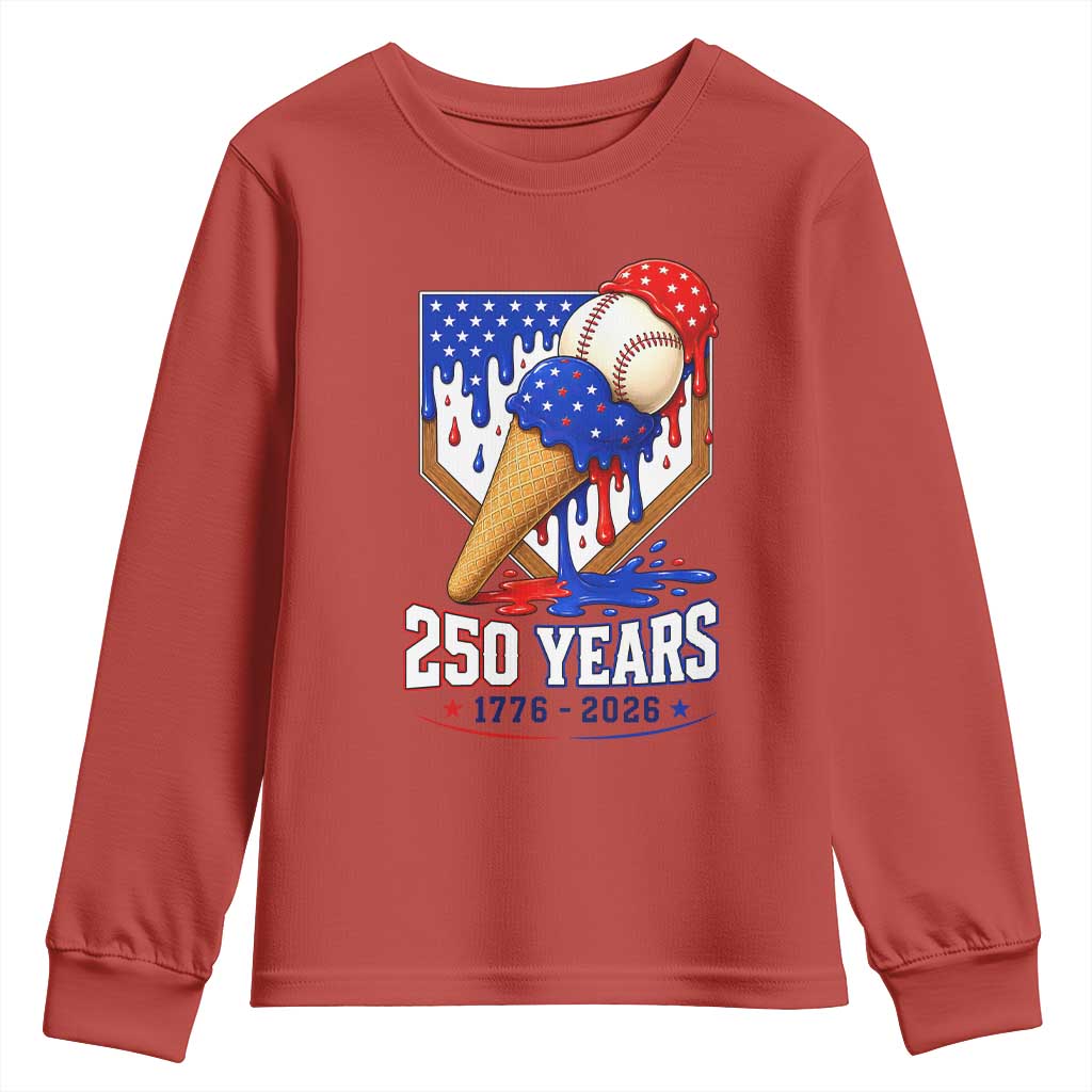 250 Years Baseball Ice Cream Drip 4th of July USA Flag Youth Sweatshirt