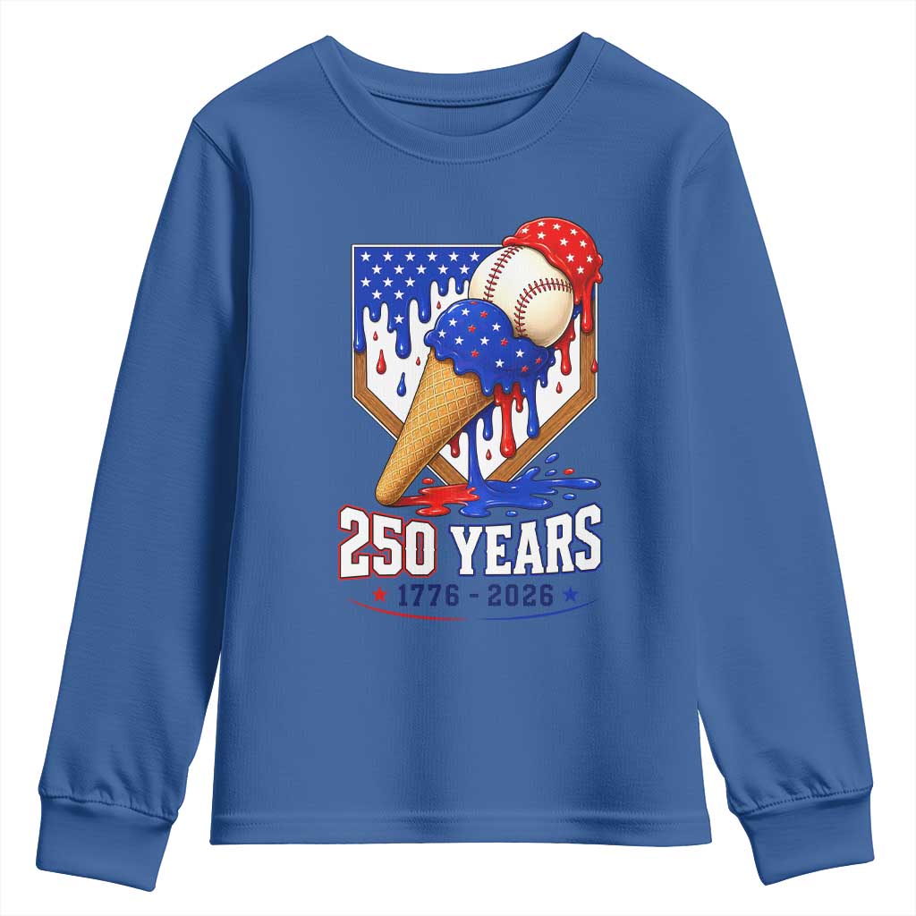 250 Years Baseball Ice Cream Drip 4th of July USA Flag Youth Sweatshirt