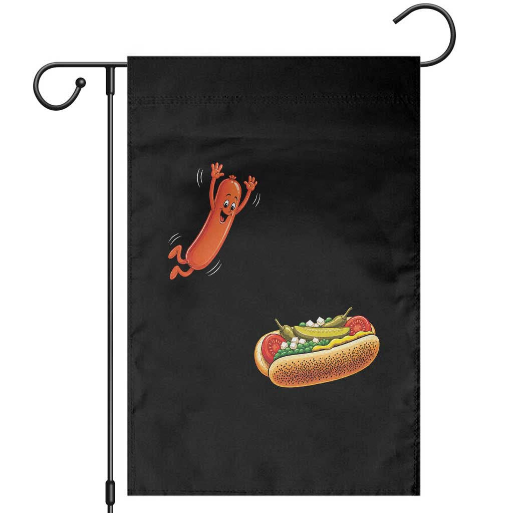 Funny Chicago Style Hot Dog Sausage Jumping Into Bun BBQ Garden Flag