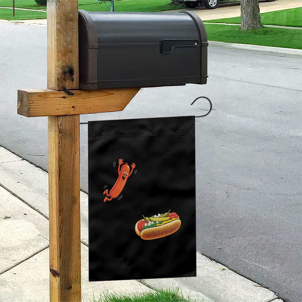 Funny Chicago Style Hot Dog Sausage Jumping Into Bun BBQ Garden Flag