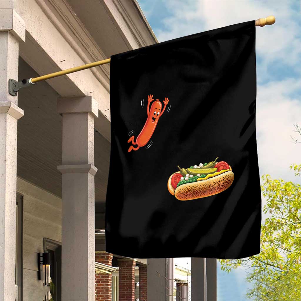 Funny Chicago Style Hot Dog Sausage Jumping Into Bun BBQ Garden Flag