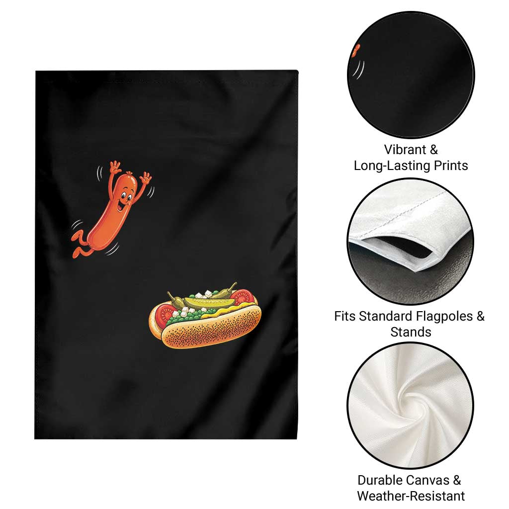 Funny Chicago Style Hot Dog Sausage Jumping Into Bun BBQ Garden Flag