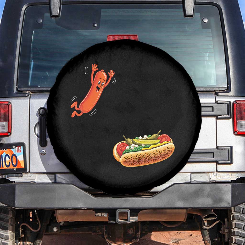 Funny Chicago Style Hot Dog Sausage Jumping Into Bun BBQ Spare Tire Cover