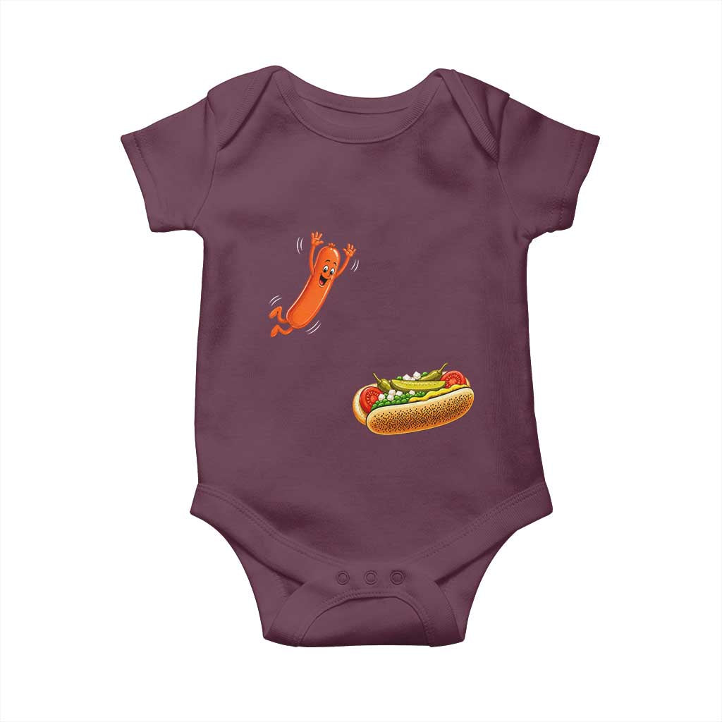 Funny Chicago Style Hot Dog Sausage Jumping Into Bun BBQ Baby Onesie