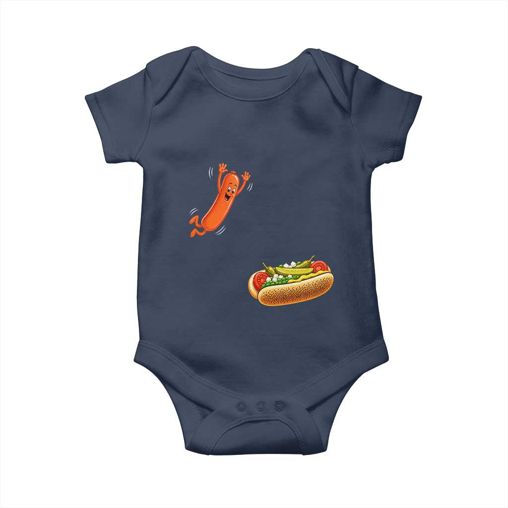 Funny Chicago Style Hot Dog Sausage Jumping Into Bun BBQ Baby Onesie