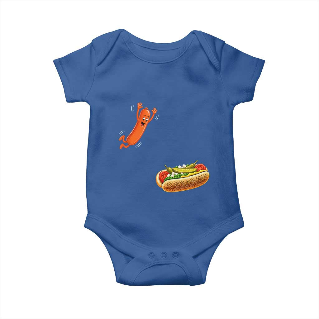 Funny Chicago Style Hot Dog Sausage Jumping Into Bun BBQ Baby Onesie
