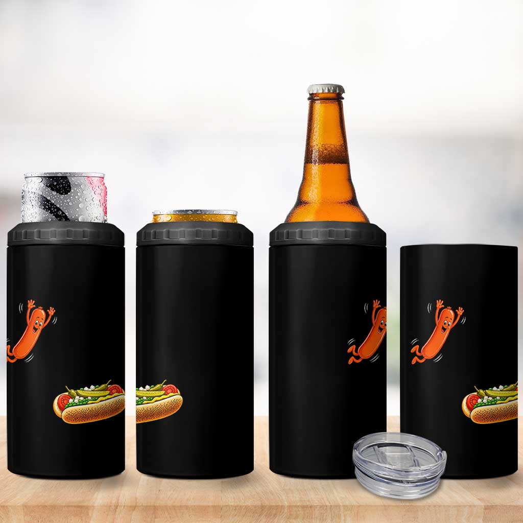 Funny Chicago Style Hot Dog Sausage Jumping Into Bun BBQ 4 in 1 Can Cooler Tumbler