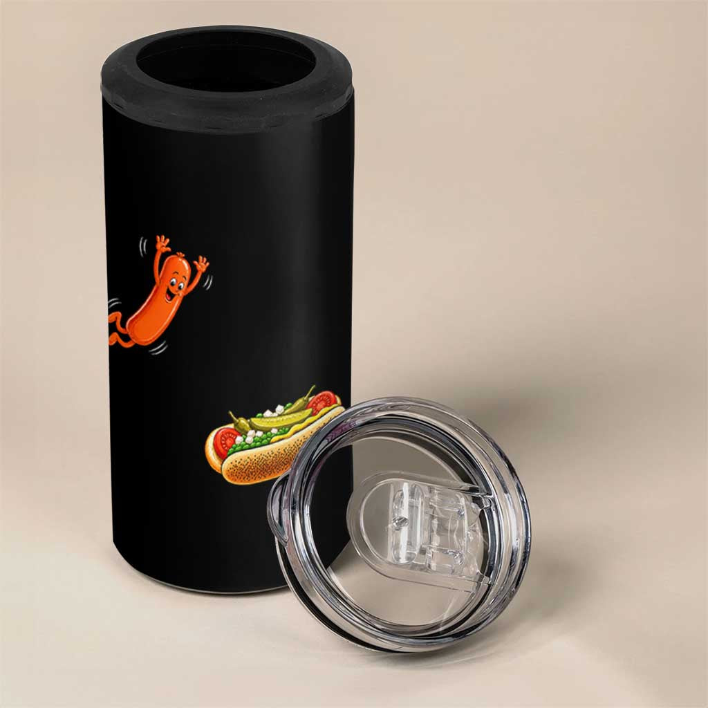 Funny Chicago Style Hot Dog Sausage Jumping Into Bun BBQ 4 in 1 Can Cooler Tumbler