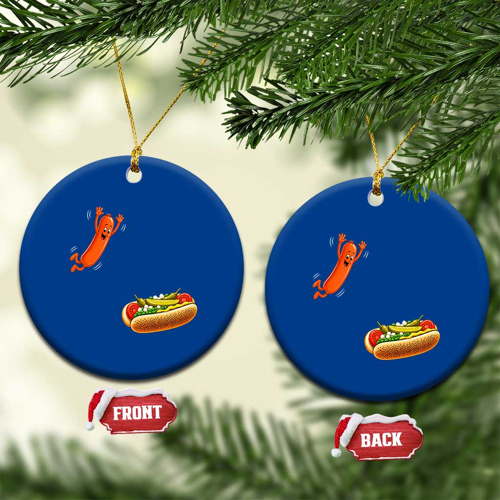Funny Chicago Style Hot Dog Sausage Jumping Into Bun BBQ Ceramic Ornament