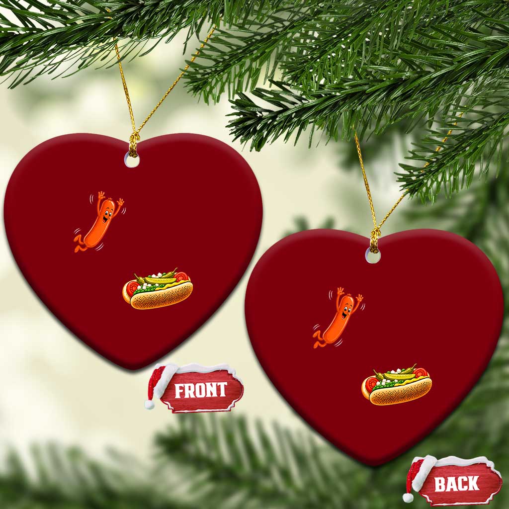 Funny Chicago Style Hot Dog Sausage Jumping Into Bun BBQ Ceramic Ornament