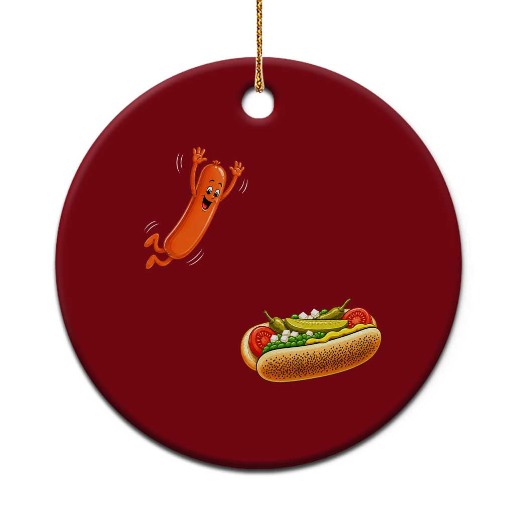 Funny Chicago Style Hot Dog Sausage Jumping Into Bun BBQ Ceramic Ornament