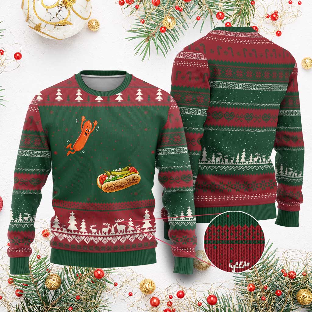 Funny Chicago Style Hot Dog Sausage Jumping Into Bun BBQ Ugly Christmas Sweater
