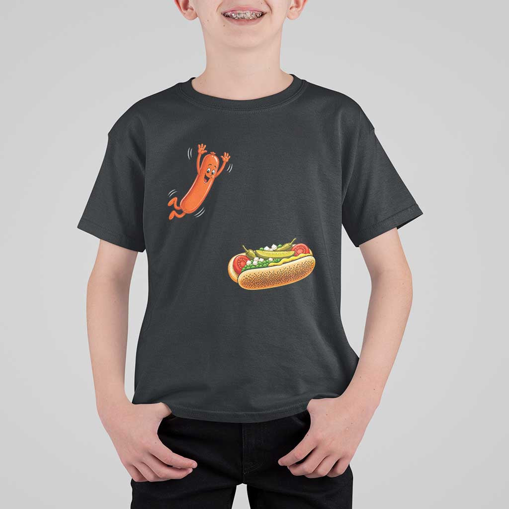 Funny Chicago Style Hot Dog Sausage Jumping Into Bun BBQ T Shirt For Kid