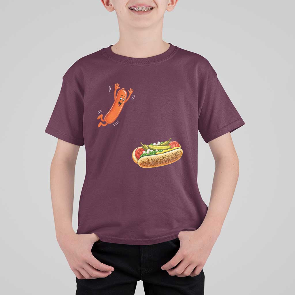 Funny Chicago Style Hot Dog Sausage Jumping Into Bun BBQ T Shirt For Kid