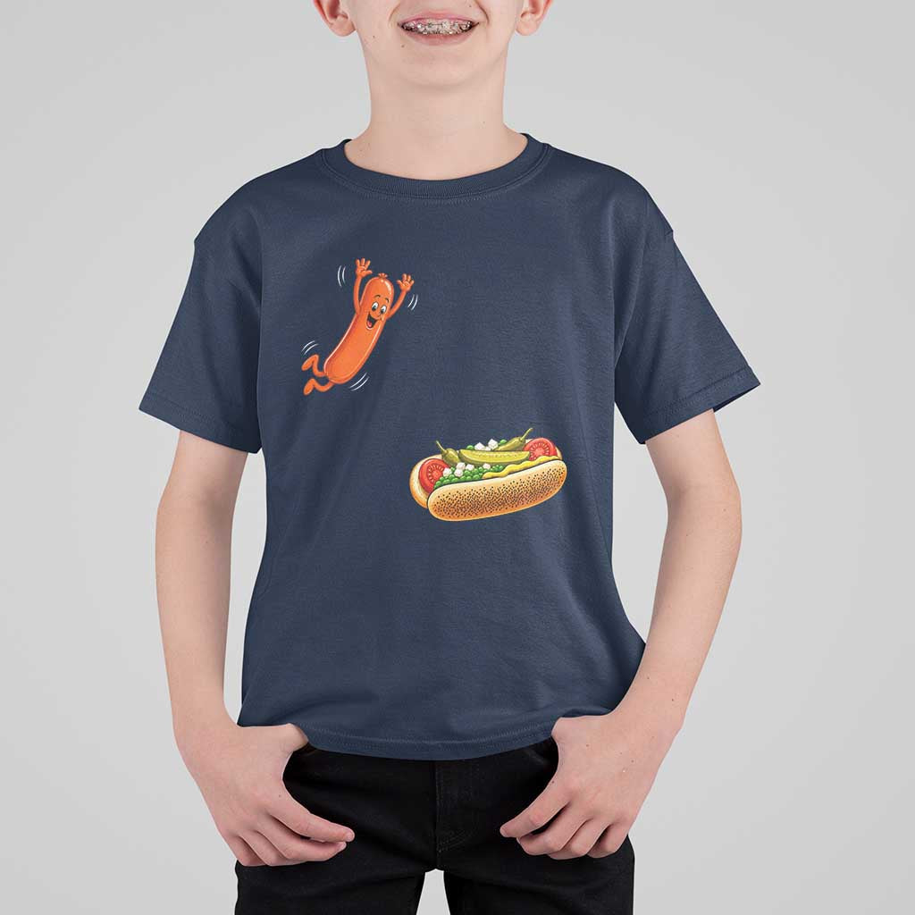 Funny Chicago Style Hot Dog Sausage Jumping Into Bun BBQ T Shirt For Kid