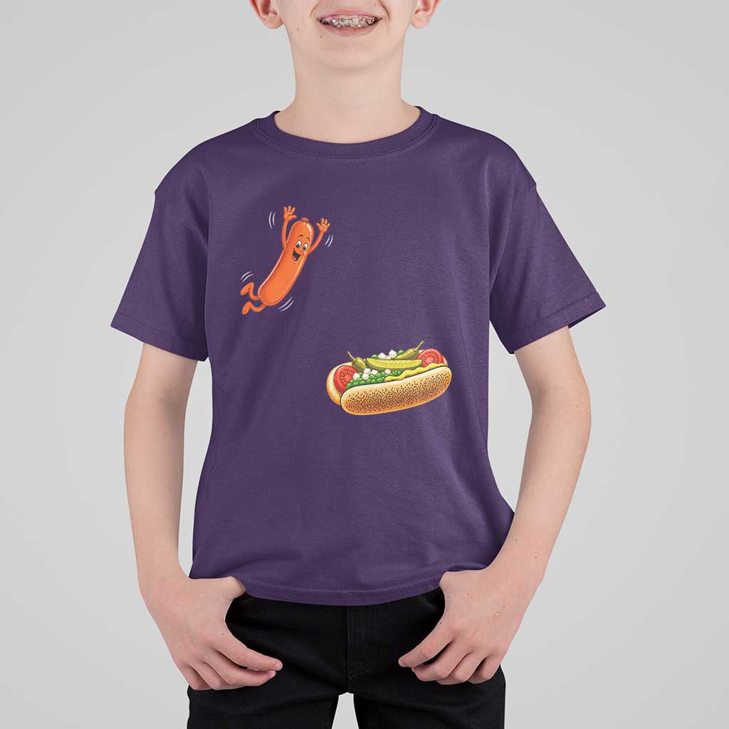 Funny Chicago Style Hot Dog Sausage Jumping Into Bun BBQ T Shirt For Kid