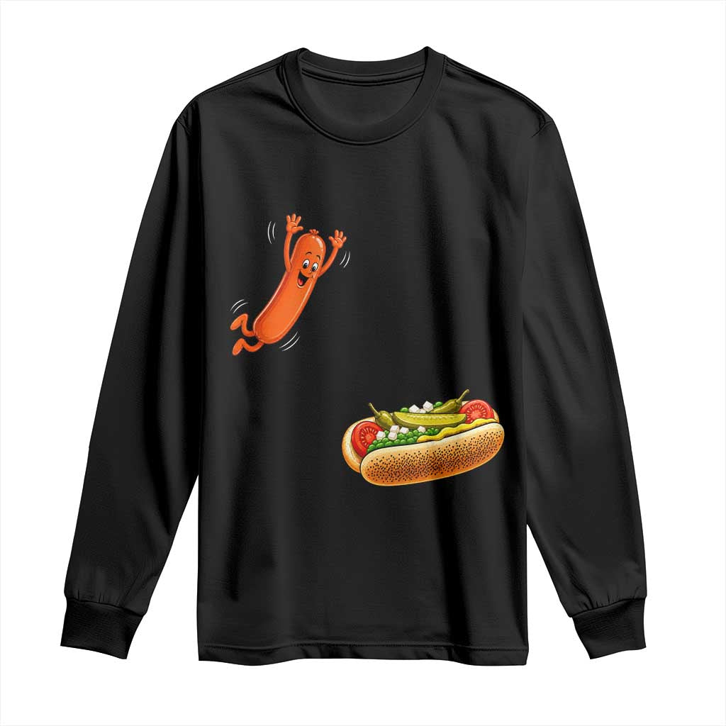 Funny Chicago Style Hot Dog Sausage Jumping Into Bun BBQ Long Sleeve Shirt