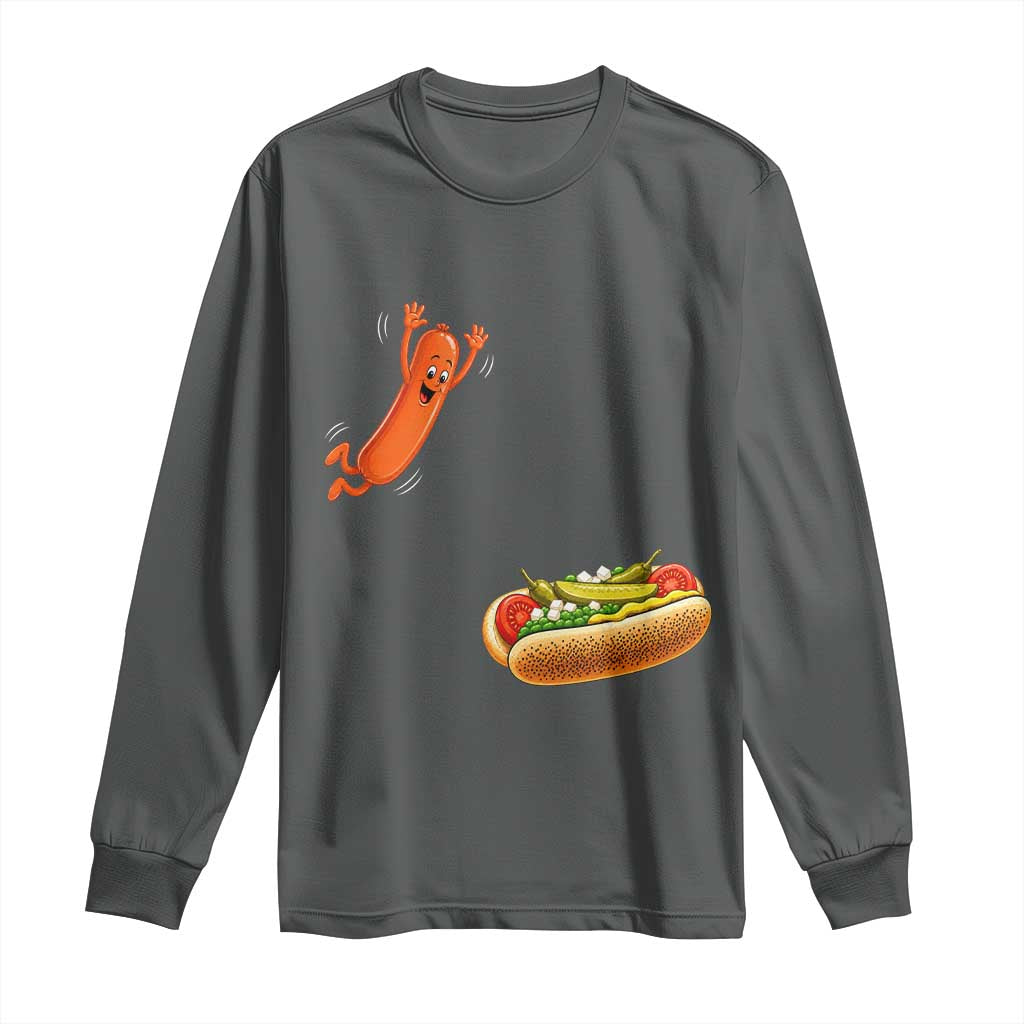 Funny Chicago Style Hot Dog Sausage Jumping Into Bun BBQ Long Sleeve Shirt
