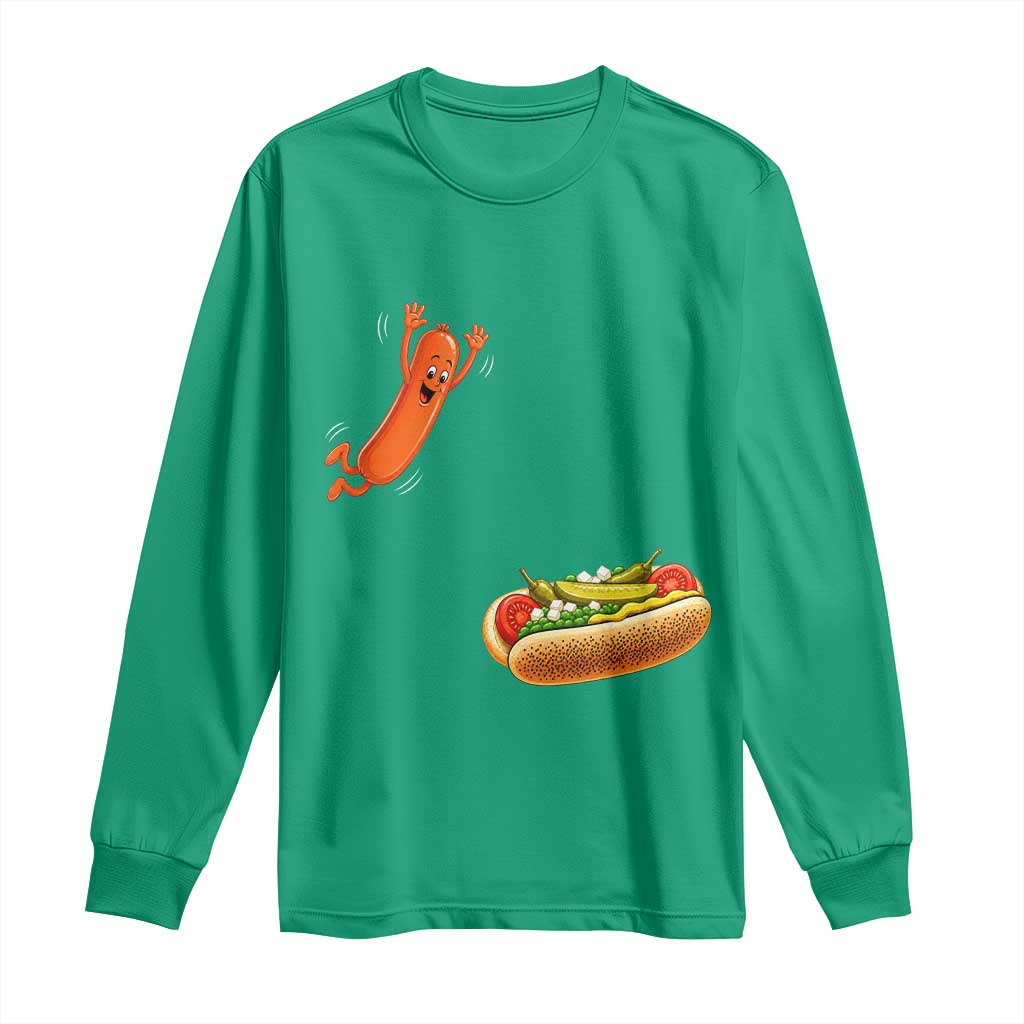 Funny Chicago Style Hot Dog Sausage Jumping Into Bun BBQ Long Sleeve Shirt