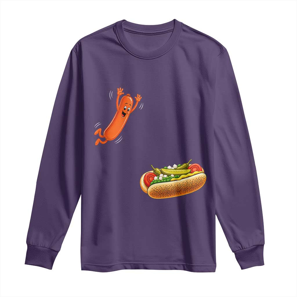 Funny Chicago Style Hot Dog Sausage Jumping Into Bun BBQ Long Sleeve Shirt
