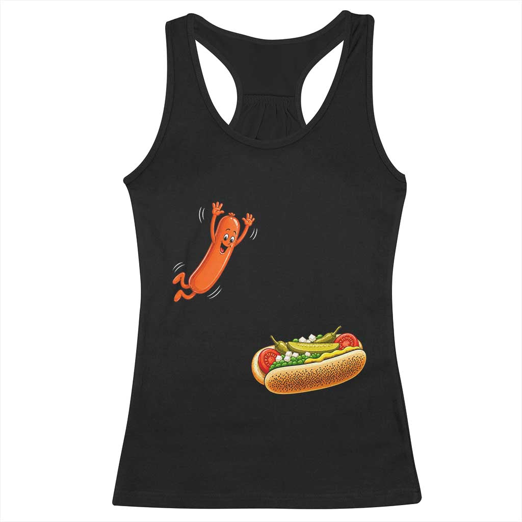 Funny Chicago Style Hot Dog Sausage Jumping Into Bun BBQ Racerback Tank Top