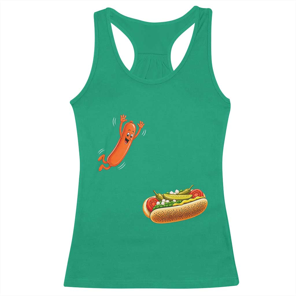 Funny Chicago Style Hot Dog Sausage Jumping Into Bun BBQ Racerback Tank Top