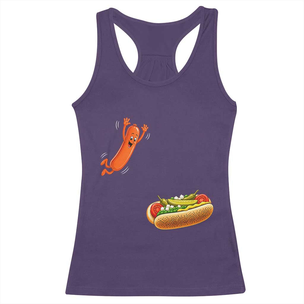 Funny Chicago Style Hot Dog Sausage Jumping Into Bun BBQ Racerback Tank Top